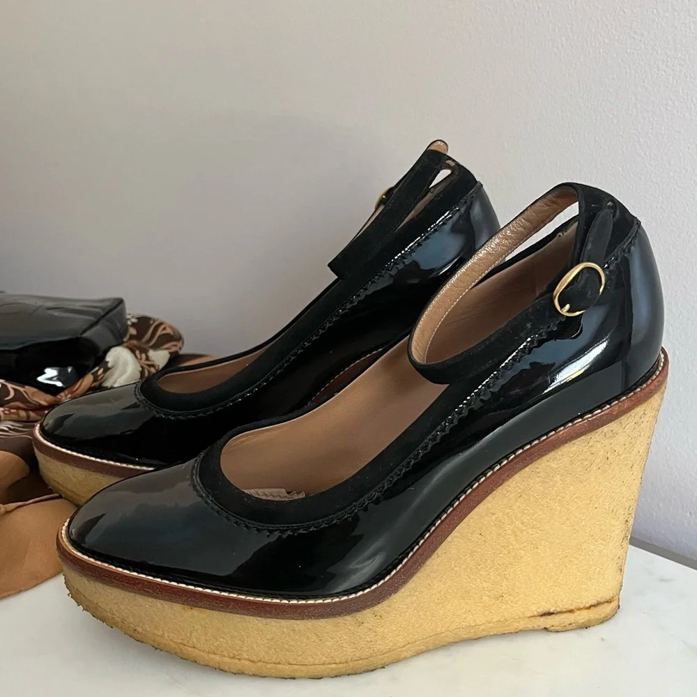 Women’s YVES SAINT LAURENT WEDGE  BLACK PATENT Mules - Picture 7 of 15